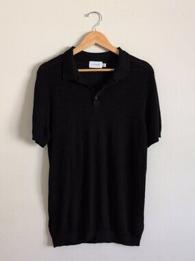 Topman knit ladder crochet polo in black